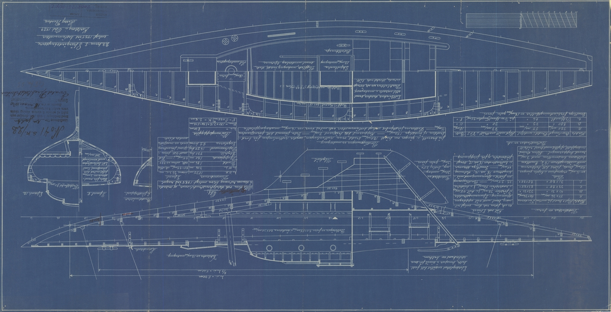 Byggnadsritning i plan och profil med tvärsnitt