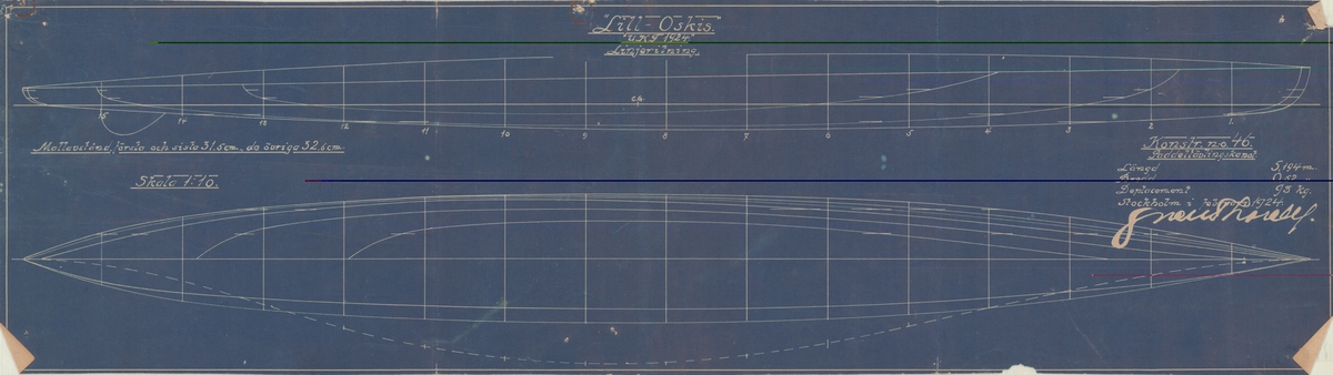 Ritning till paddeltävlingskanoten Lill-Oskis. För U.K.F. 1924, troligen Uppsala kanotsällskap.
Linjeritning