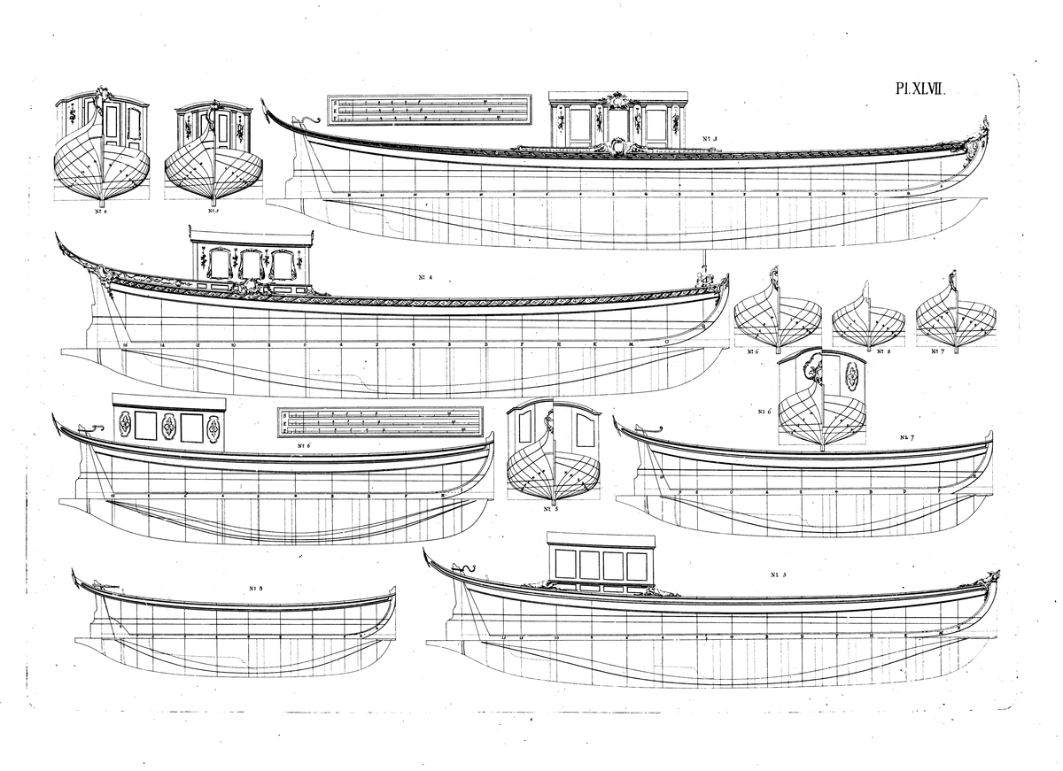 Lustfartyg: sex roddslupar. Profil-, spant- och linjeritningar.