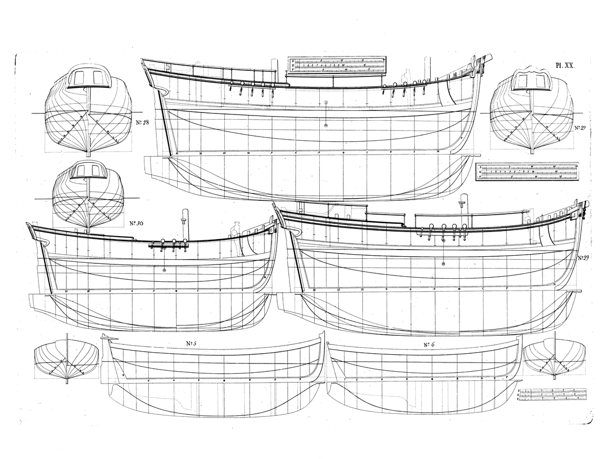 Två jullar (ritning nr 5 och 6), och tre kattskepp (nr 28, 29 och 30). Profil-, spant- och linjeritningar.