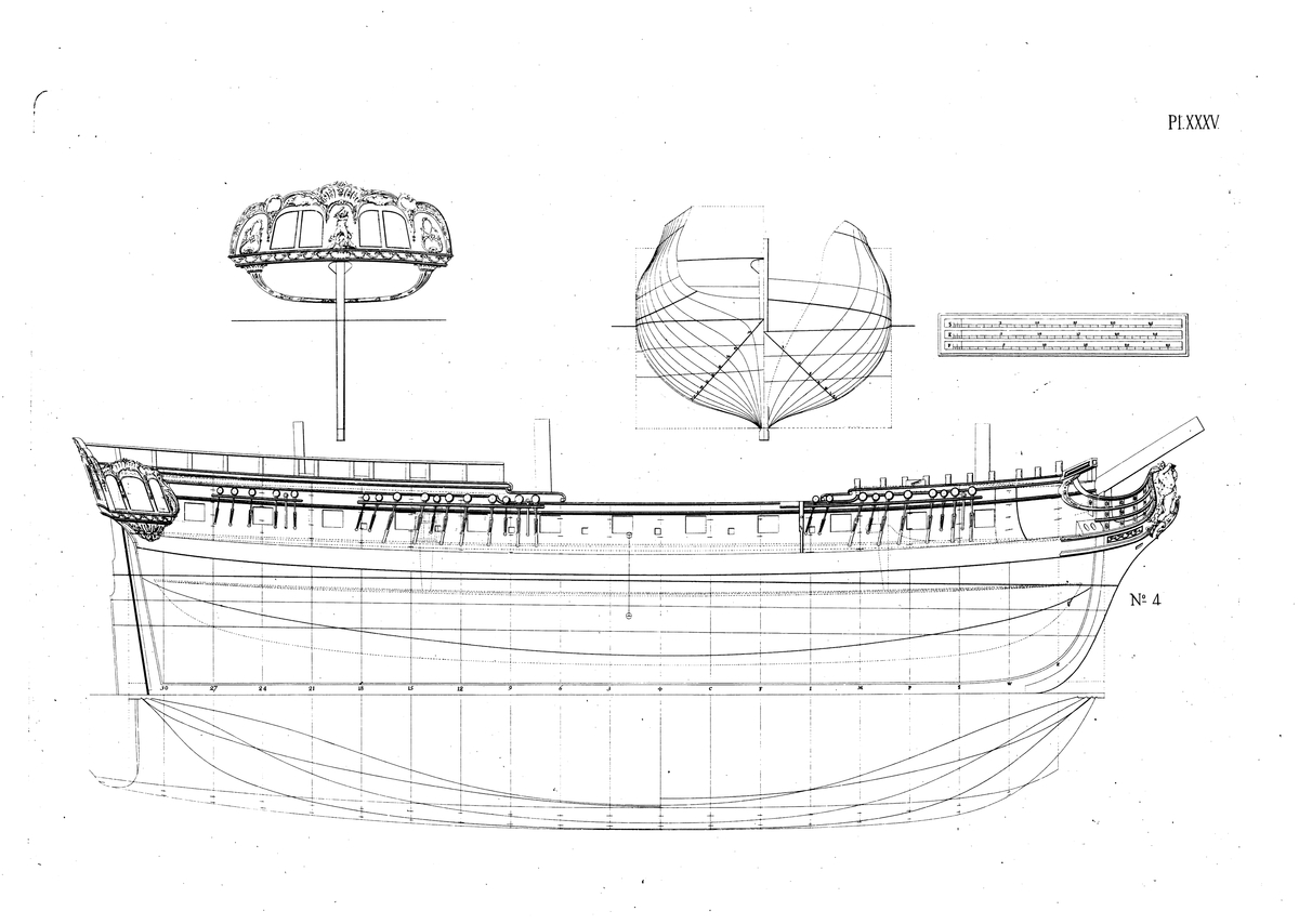 Kaparfregatt. Profil-, spant- och linjeritning samt akterspegel.