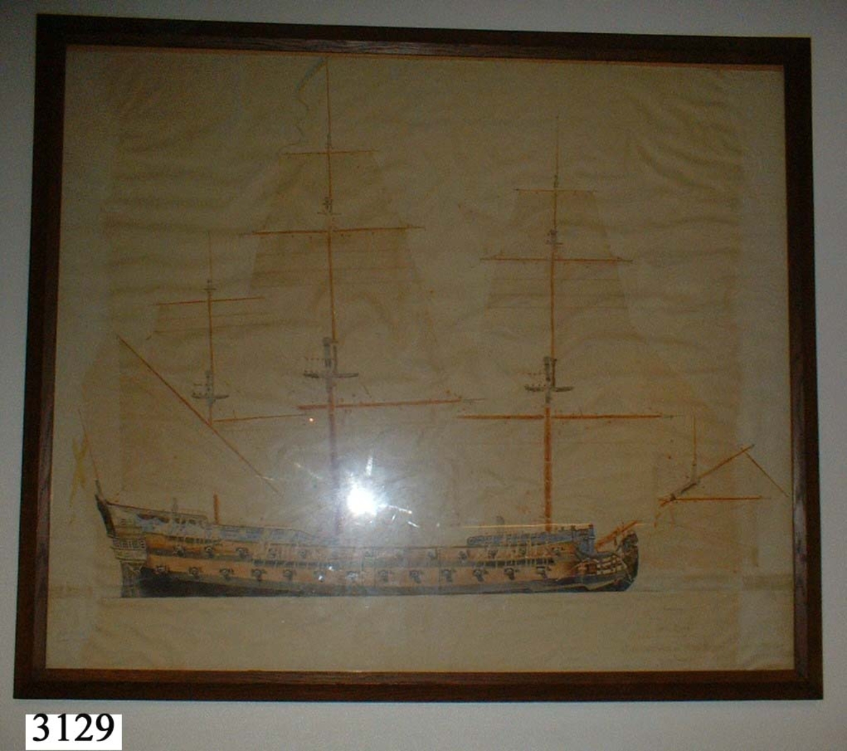 Ritning över 74-kanonskeppet Göta Lejon.  Ritiningen tagen efter "Nödig Underättelse om skeppsbyggeriet" av Thomas Rajalin, 1730. Kopierad av J Hägg år 1897.