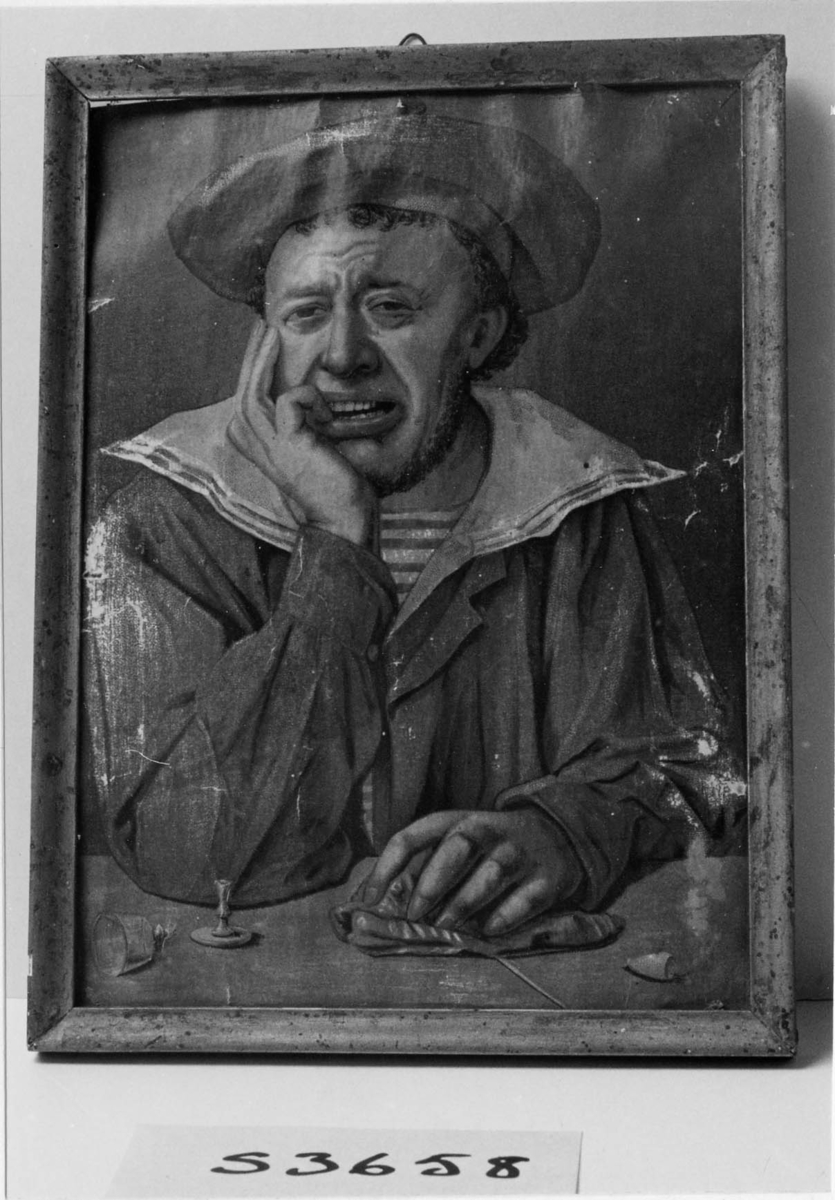 Glad sjöman med krossat vinglas och kritpipa.

Ram: Förgylld