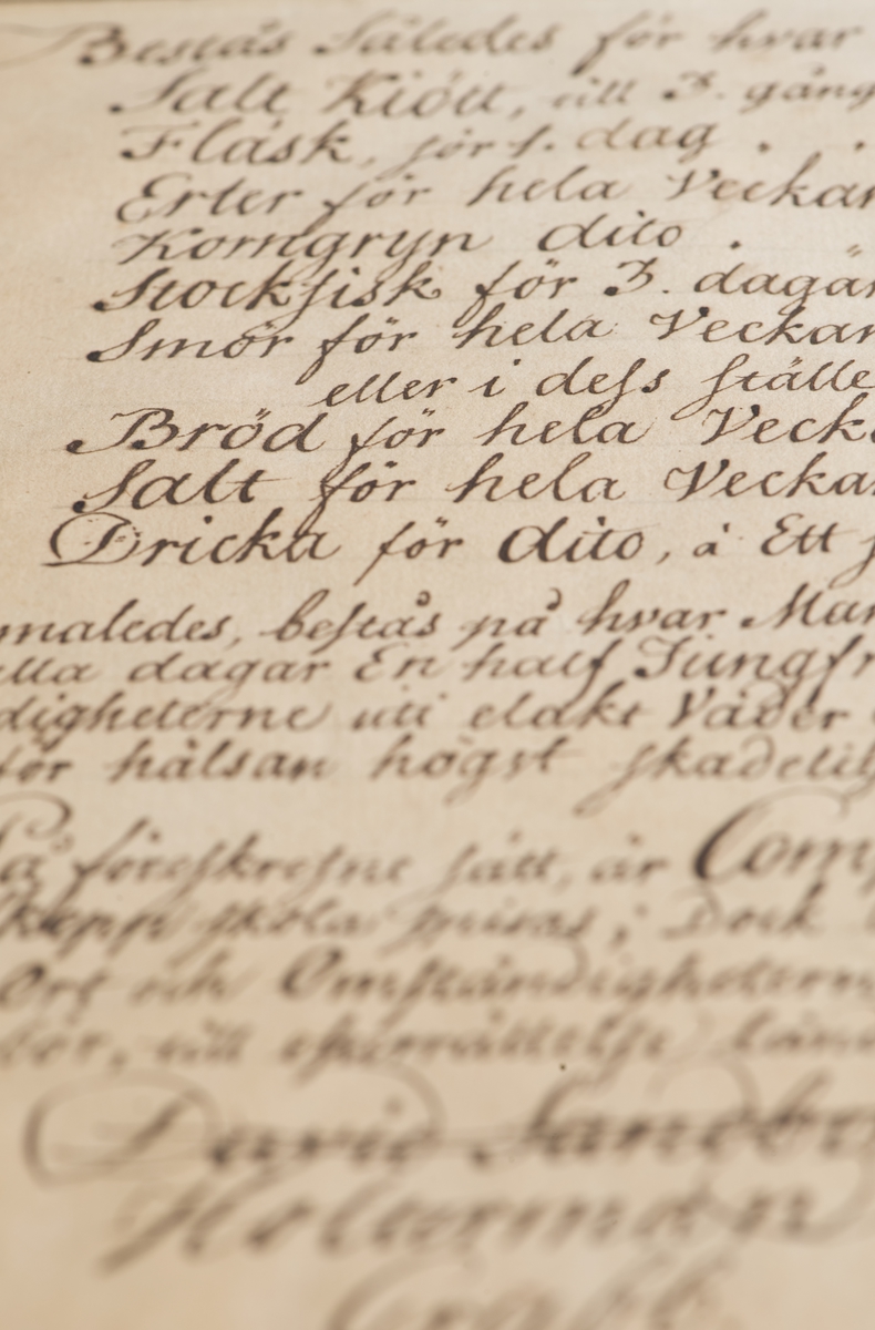 Spisningsordning (matsedel) gällande för ostindiska kompaniets fartyg 1766.