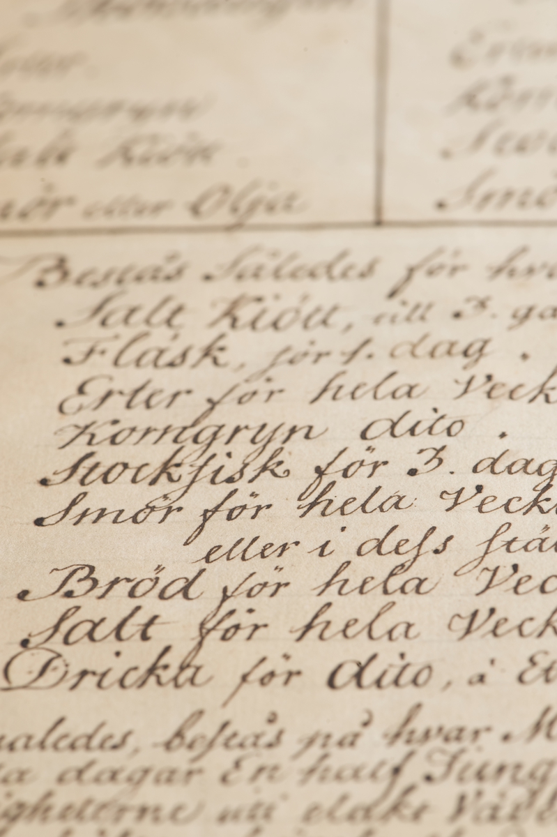 Spisningsordning (matsedel) gällande för ostindiska kompaniets fartyg 1766.