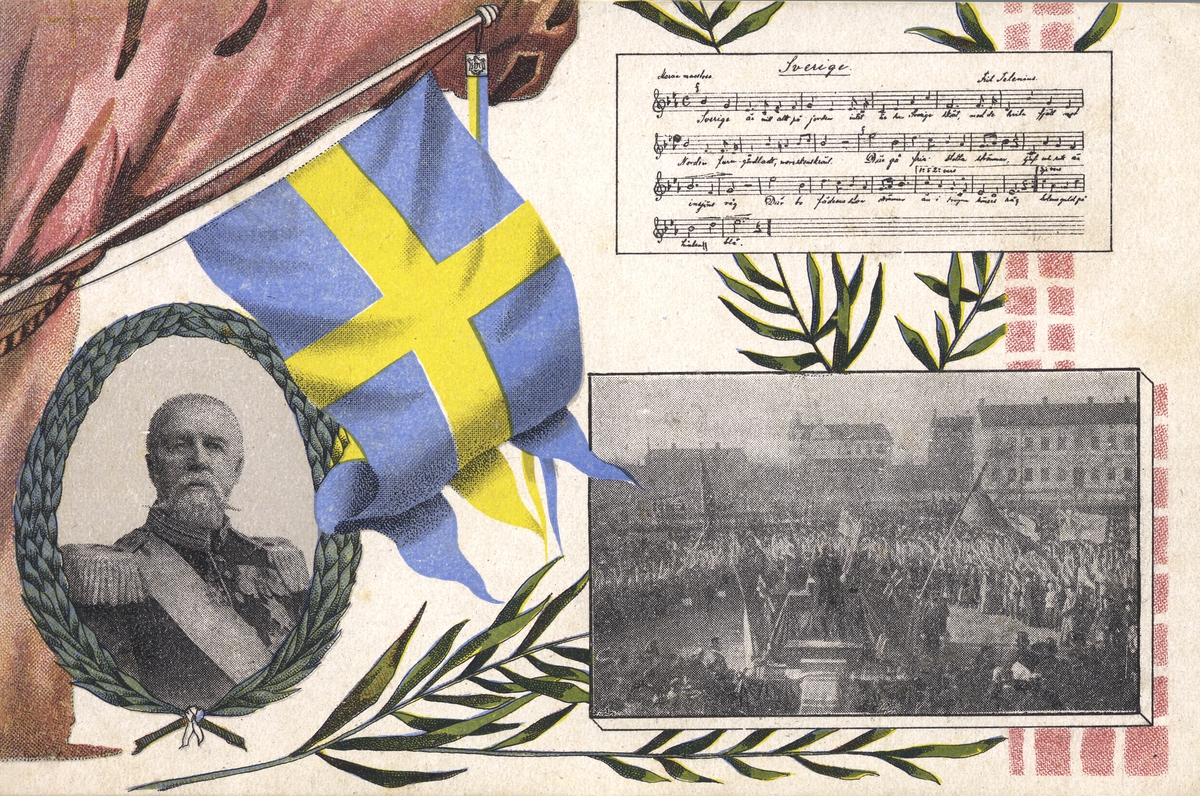 Vykort på Oscar II och en sång "Sverige" samt bild.