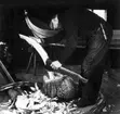 Neg nr 231, Täljning med yxa av spantämnets sidor. Foto 15.8 1962.