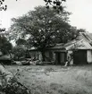 Exteriör från sydost. Verkstadens sydsida och planen framför. Christian Madsens båtbyggeri. Foto N(ils) Nilsson aug (19)64. Danmark, Själland, Lynaes.