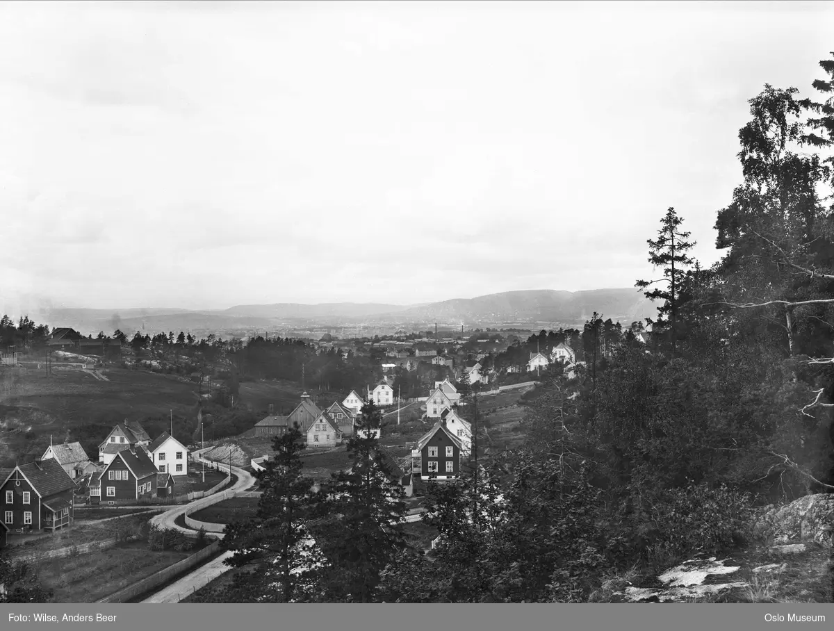 utsikt, villabebyggelse, Bryn bedehus, vei, kulturlandskap