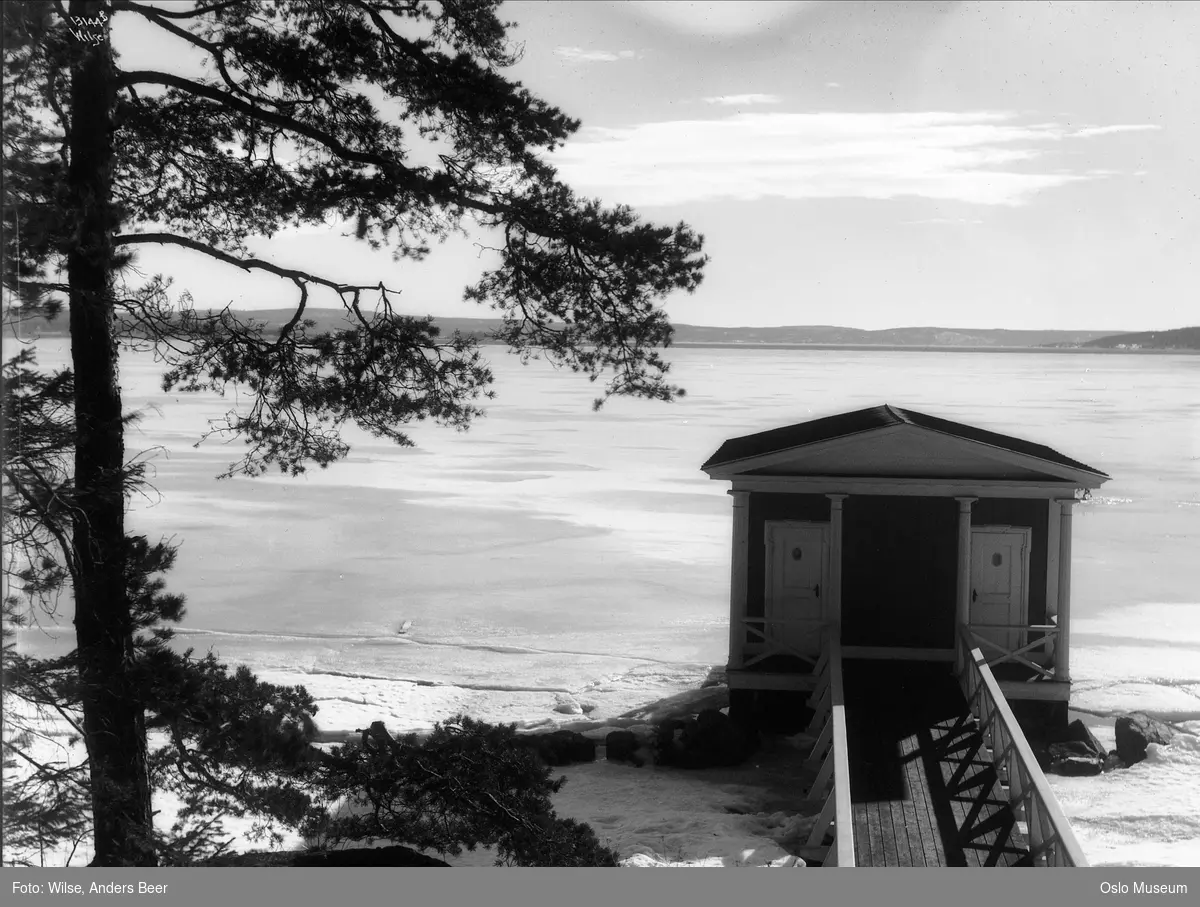 badehus, islagt fjord, skog