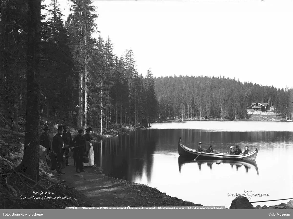 skog, strand, menn, kvinner, tjern, robåt, Peisestuen