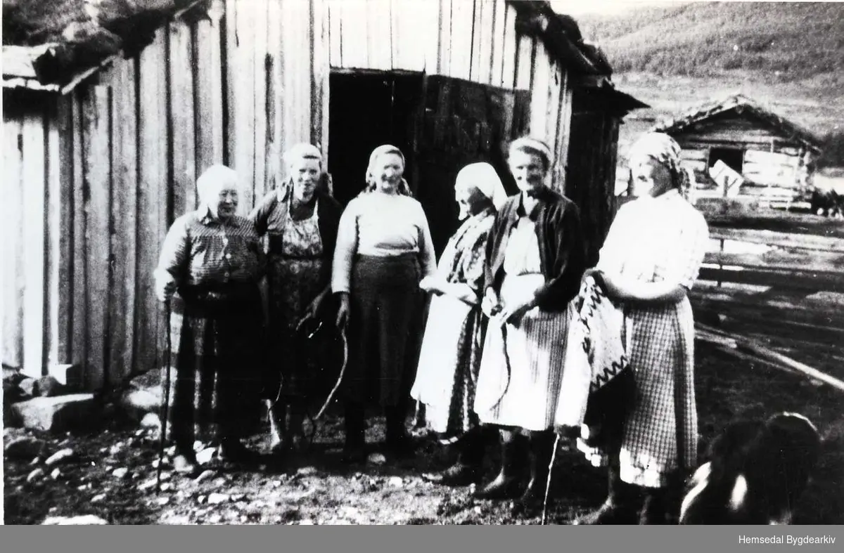 Budeier ved Trøimsfjøset i Mørekvam ein gong på 1940-talet. 67/7 
Frå venstre: Birgit Kirkebøen, Anne K. Kirkebøen, Guro Trøim, Ingrid Kirklebøen, Anne Kikrebøen Sanden og Margit Kirkebøen.