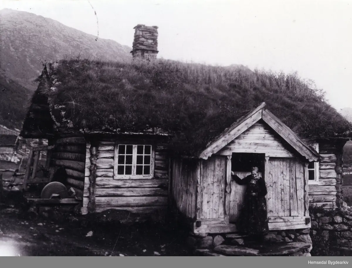 Gamal Hallingstove frå Medgarden. 
Sebjørg Grøndalen, fødd Halbjørhus (1823-1915) på trappa. Slipestein.
Denne Hallingstova er freda.
Biletet er teke ca.1910.