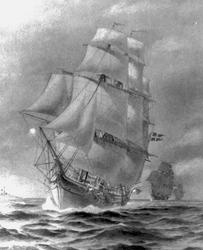 Målning av tre segelfartyg