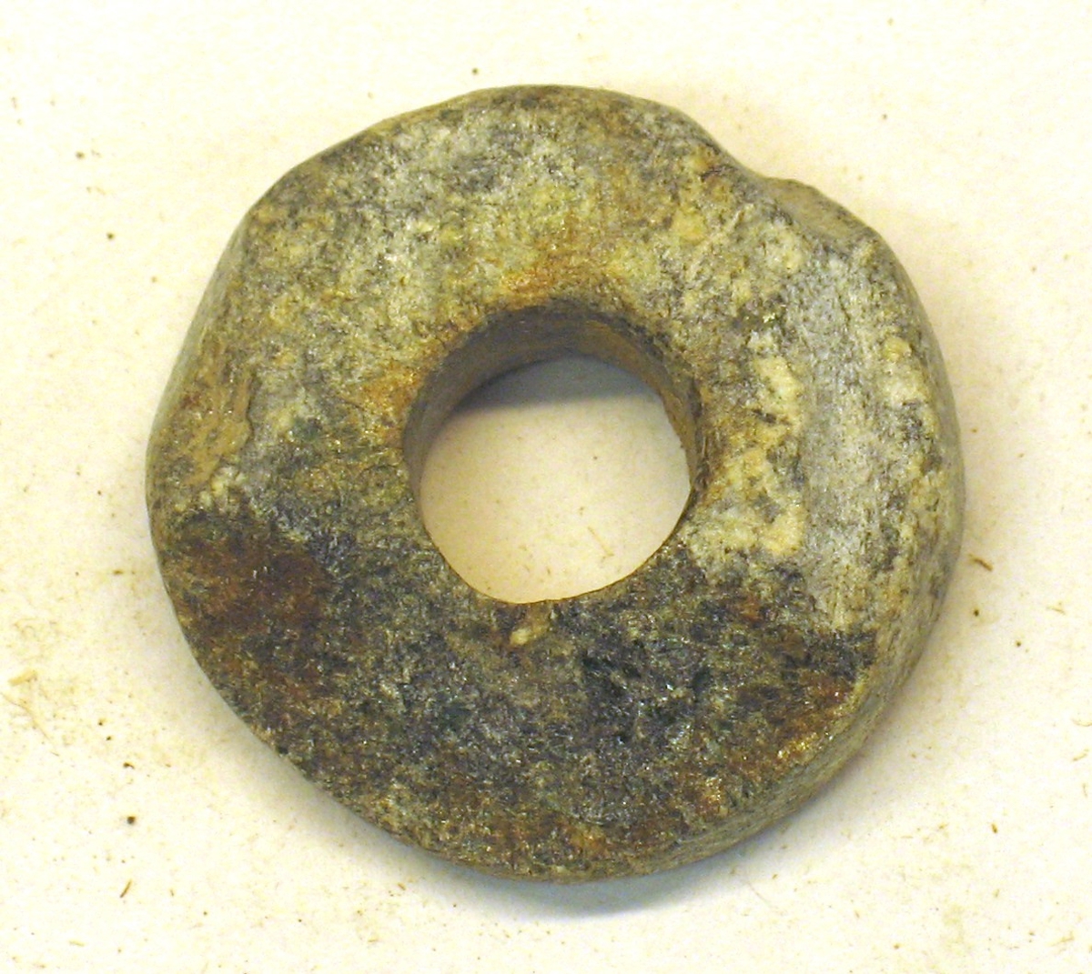 00 254. Gåva av J. Svedberg 4/6 1864.

Sländtrissa av täljsten. Regelbundet rund form. Plan över och undersida, som dock är vittrade. Ena sidan skadad. Diam. 3,2 cm. H. 1 cm.

Från Vänersborgs Läroverks samling. Till Vänersborgs museum 1886.