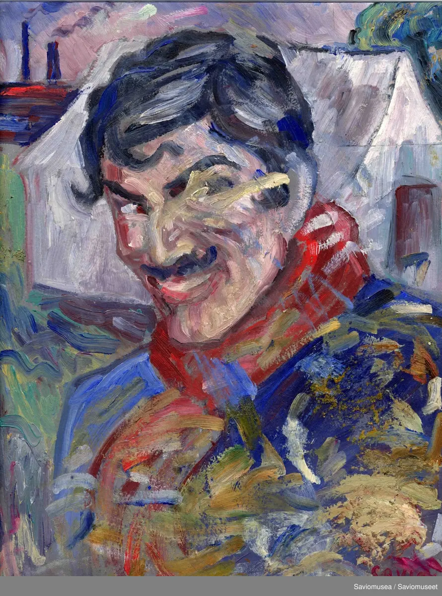 Selvportrett av John Andreas Savio. Mann med mørkt hår og bart, kledd i kofte. I bakgrunnen et hus i lys farge.