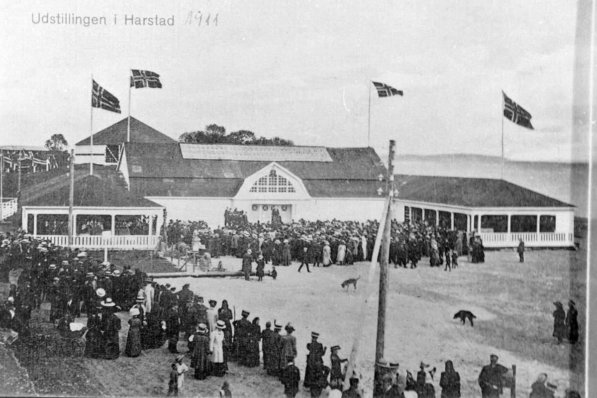 Publikum, flagg og bygninger på fylkesutstillingen, arrangert i 1911 på Hamneset