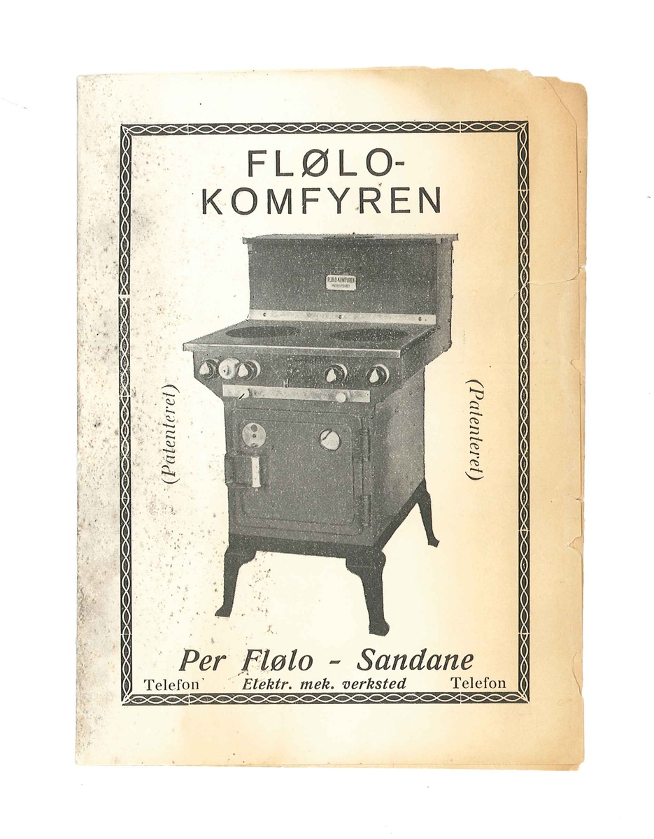 Hefte i tynt papir som kan brettast ut. På framsida er det bilete av Flølo-komfyren. Inni heftet er det bilete og produktbeskrivelse over fire andre omnar. I tillegg er det to produktomtaler. Ein av Mindresunde Jordbruksskule og ein av Øystein Føleide. Bileta er i svart kvitt.
