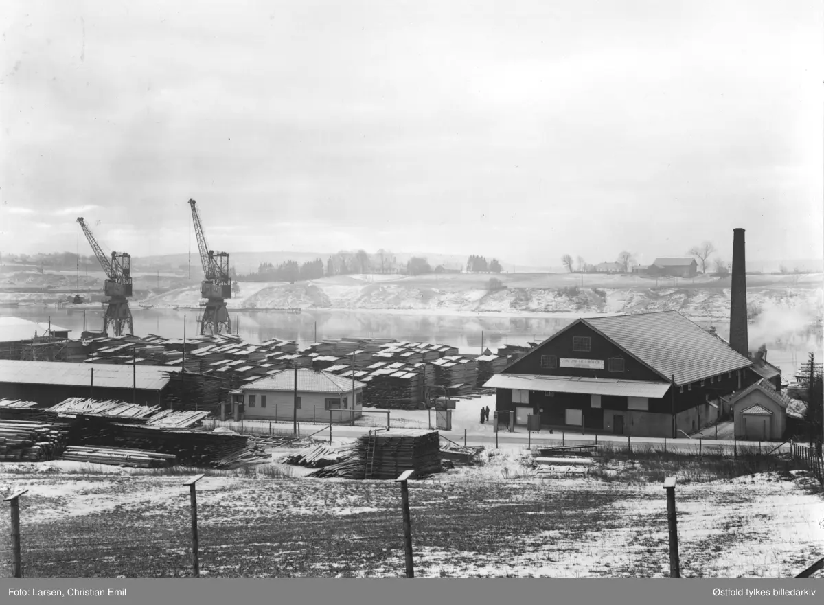 Sannesund Sag og Høvleri A/S 1952, Alvim i Sarpsborg. På folkemunne:  "Saga". Tre personer står ved bygningen til høyre. På et skilt på veggen under mønet står det: "Sandesund sag og høvleri A/S Sarpsborg" 
Inntil på 30-tallet het saga Eriksens sag, men da den gikk konkurs garanterte Tune kommune for driften. Den ble drevet videre med nytt navn og som et aksjeselskap hvor de ansatte selv var eiere. 
 
Informant Solbjørg Lerviks morfar, Karl Olsen, arbeidet på saga i 30 år. Han var med i styret for saga. Han fikk i 1954 Norges Vels medalje for sine mange års innsats ved saga. Informant var elleve år det året saga brant, i mai 1954. Hun bodde to kilometer fra saga, men kan huske at familien våknet tidlig den morgenen av at de hørte gnister og spraking.

Saga lå på Hannestad langs Glomma, ikke langt fra Hannestad skole. Senere var det møbelfabrikk i bygninengene.

I bakgrunnen Alvim kai. Midt på bildet på andre side av  elva, ses "Tomta" i Borge i Østfold. Fødested til polfarer og oppdagelsesreisende Roald Engelbregt Gravning Amundsen, født: 16. juli 1872 - død: sannsynligvis 18. juni 1928 .

Kommentar 2016 fra Morten Opsahl: 
Det var ikke på denne tomta møbelfabrikken oppstod. Mellom sagbruket og tomta til Sørli Møbelfabrikk lå det diverse store lagerskur og dessuten verksted og småbåthavn med slipp for Sarpsborg Havnevesen.
