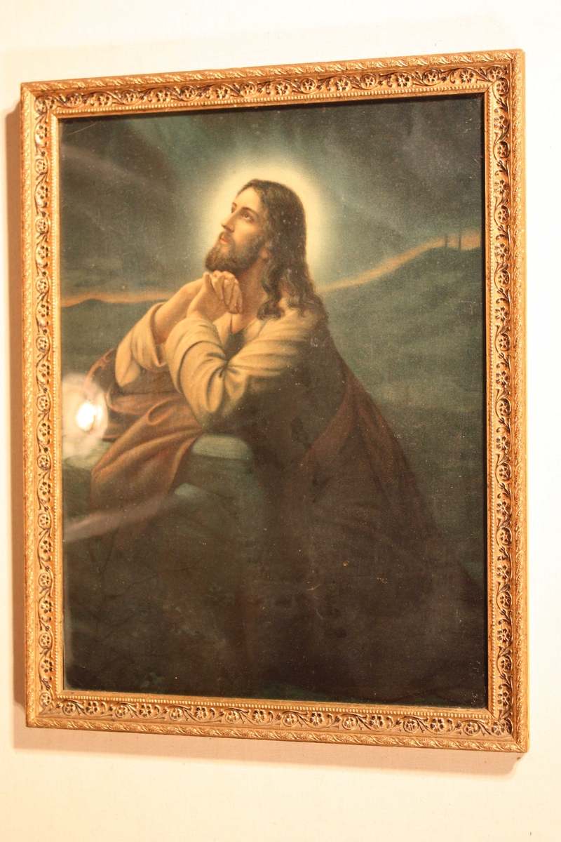 Forgyllt biletråme med innråma oljetrykk (måleri) av Jesus i bøn i Getsemane..