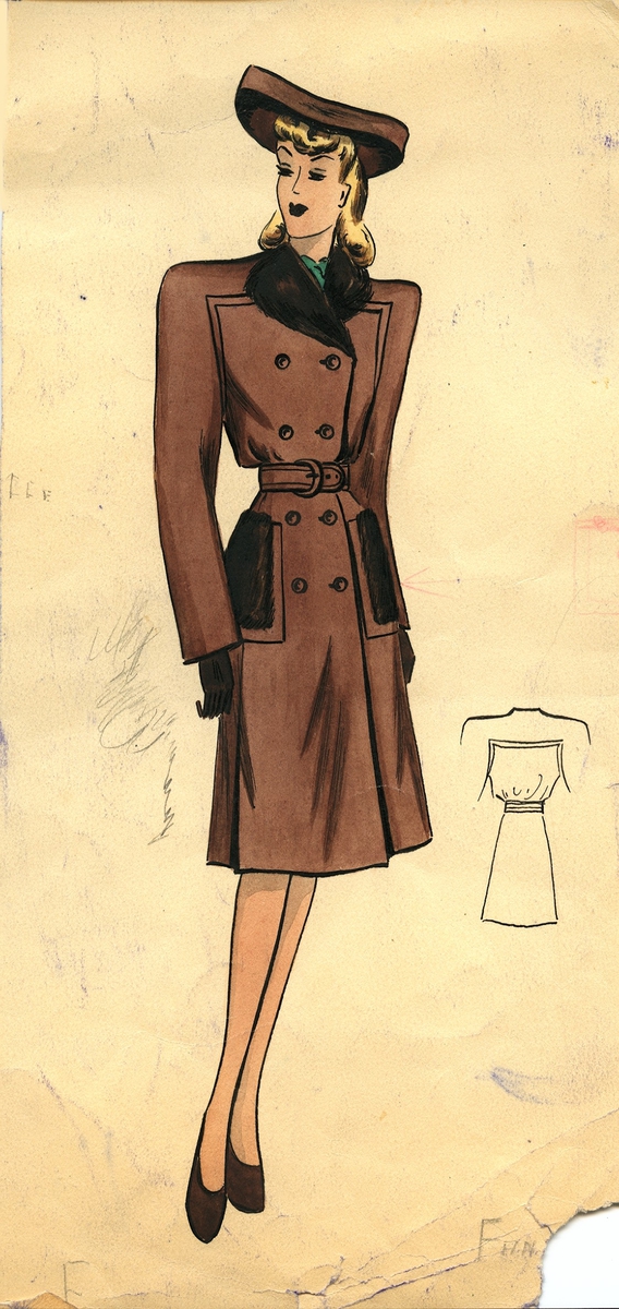 En av 12 skisser över kläder som såldes för Kirudds AB. Linnéa Granat f. Andersson (1909-1986) ritade av sydda existerande modeller som samlades i häften och sändes ut till kunder, dvs konfektionsaffärer.

Bilaga finns.