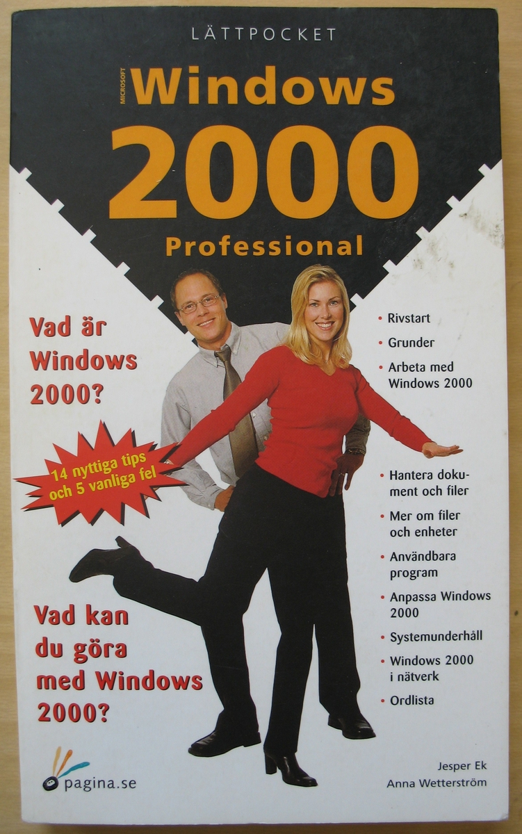 Bok ''Windows 2000 professional''. Boken är en intruktion för operativ systemet Windows 2000 för PC - datorer.


Inför millennieskiftet översvämmades marknaden av produkter, av mer eller mindre kortlivad natur, som skulle minna om detta högst ovanliga kalenderskifte. År 2000 hade länge stått som symbol för framtiden - inte minst i olika sciencefictionskildringar, och det fanns många spekulationer om olika olyckor som skulle inträffa vid just detta skifte. Men när nyårsraketerna försvunnit upp i den dimtunga nyårsnatten och när nyårsmorgonen grydde fann man att världen var ungefär som dagen innan.


Föremålet ingår i en samling med tema Millennium och år 2000 som Calle Göse samlat in under några år.

Gåvan är riktad till Vänersborgs museum.