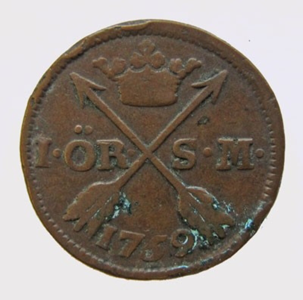 Adolf Fredrik,  1 öre SM kopparmynt. Präglat i Avesta 1759.