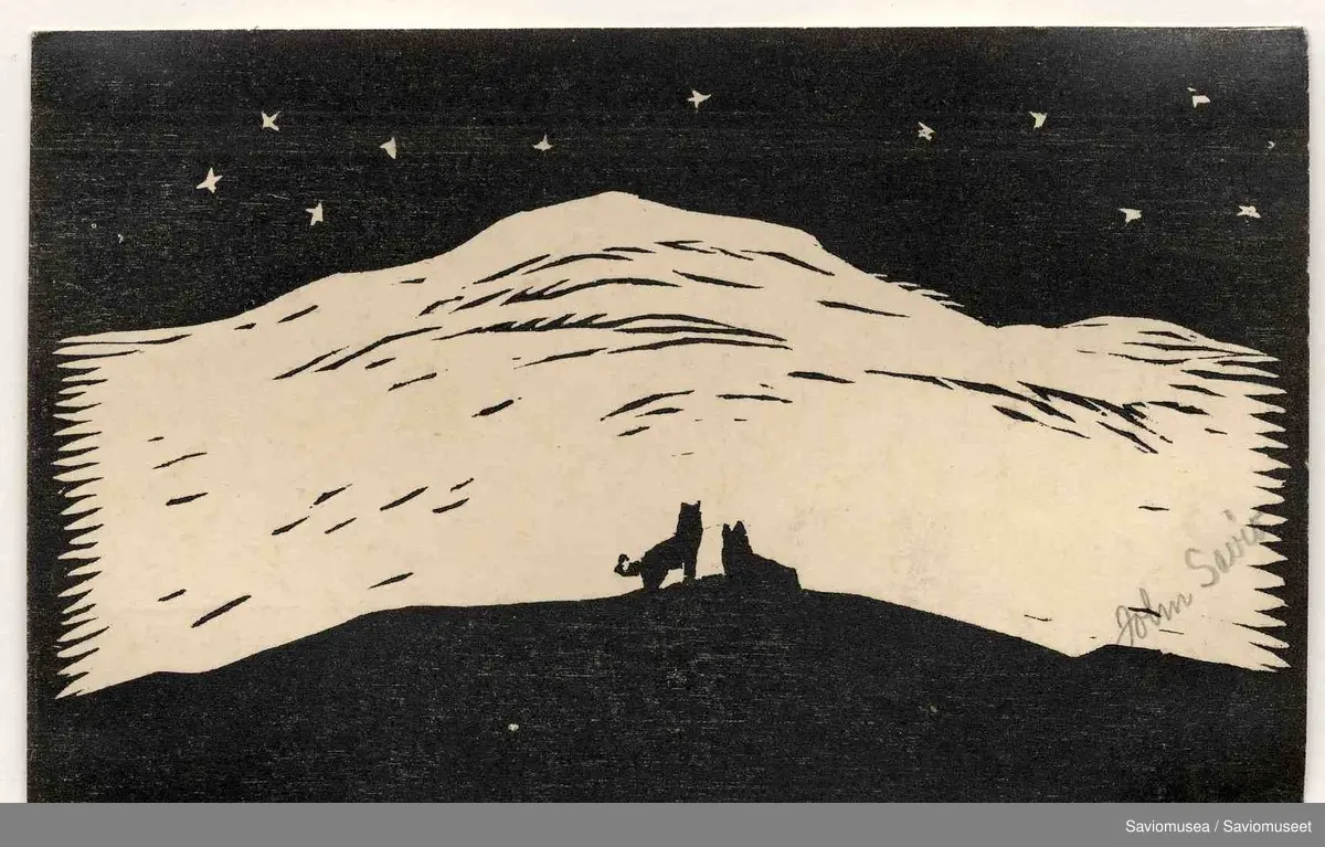 Landskap med snødekt fjell og stjernehimmel. To ulver sentralt i bildet.