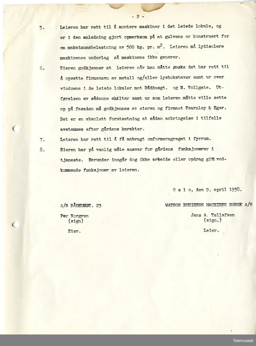 3.7  IBM - Bygg og eiendomsavdeling -  leiekontrakt mellom Watson Business Machines A/S og A/S Rådhusgt 23. 9 april 1938