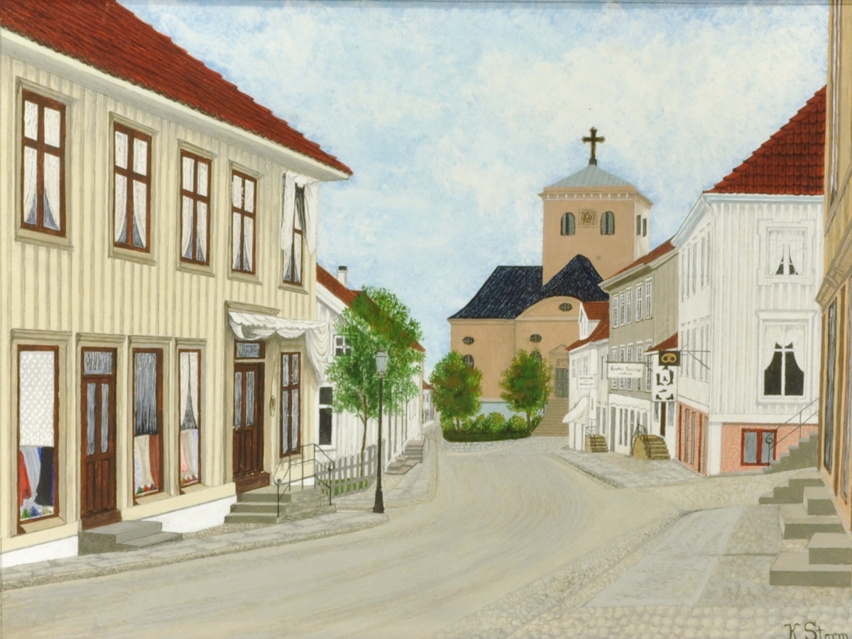 Prinsensgate, Skien ca. 1830 (Prindsensgate, Prinsens gate, Prinsensgt.) Skien kirke (brant ned i 1886)