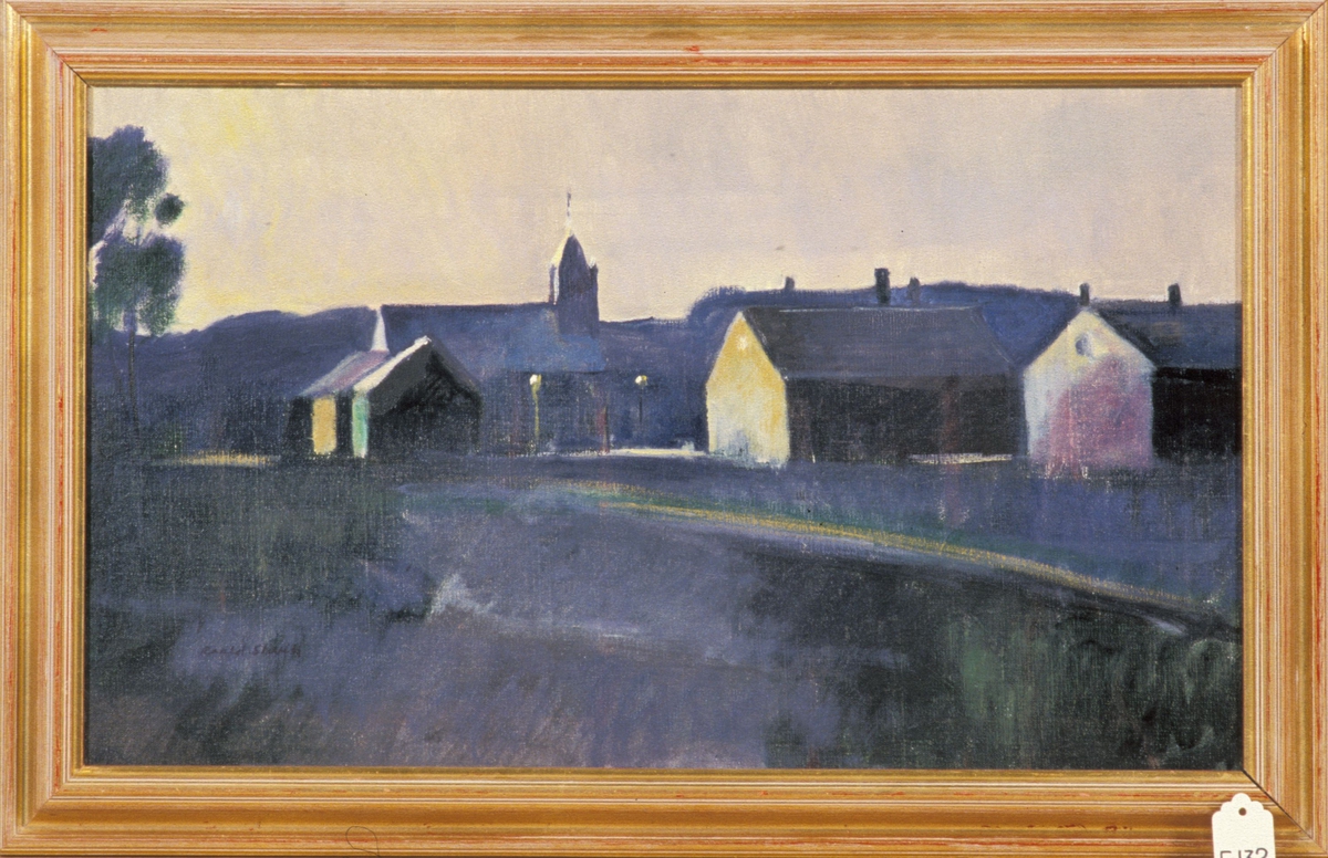 Kirke og hus i kveldssol [Oljemaleri]