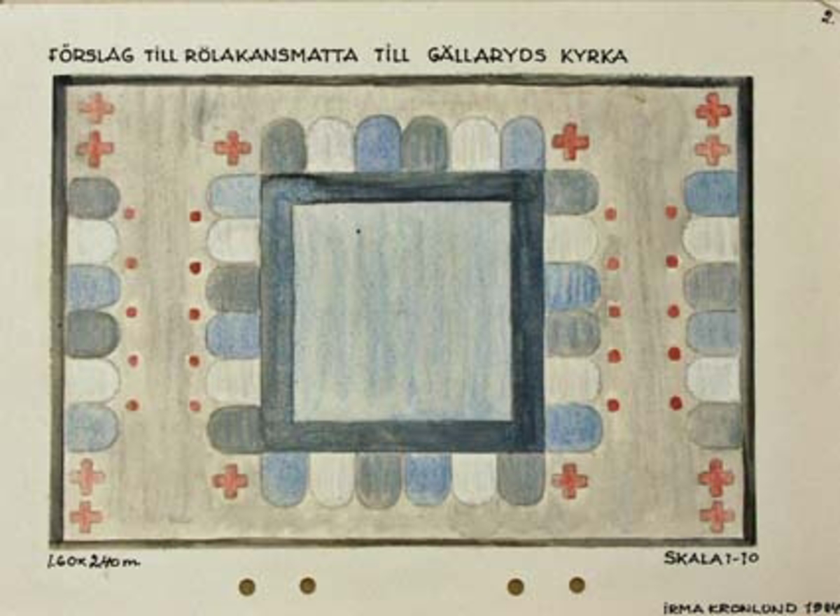 Fem skisser med förslag till rölakanmatta till Gällaryd kyrka.Skisserna är troligen gjorda med någon krita som sedan strukits ut med vatten. GHKL 4150:1Förslag till rölakanmatta till Gällaryd kyrka 1,60 x 2,40 m. Skisstorlek ca 16 x 24 cm. Skala 1:10. Skissen är märkt med nr 1. GHKL 4150:2Förslag till rölakanmatta till Gällaryd kyrka 1,60 x 2,40 m. Skisstorlek ca 16 x 24 cm. Skala 1:10. Skissen är märkt med nr 2. GHKL 4150:3Förslag till rölakanmatta till Gällaryd kyrka 1,60 x 2,40 m. Skisstorlek ca 16 x 24 cm. Skala 1:10. Skissen är märkt med nr 3. GHKL 4150:4Förslag till rölakanmatta till Gällaryd kyrka 1,60 x 2,40 m. Skisstorlek ca 16 x 24 cm. Skala 1:10. Skissen är märkt med nr 4. GHKL 4150:5Förslag till rölakanmatta till Gällaryd kyrka 1,60 x 2,40 m. Skisstorlek ca 16 x 24 cm. Skala 1:10. Skissen är märkt med nr 5. BAKGRUNDHemslöjden i Kronobergs län är en ideell förening bildad 1990. Den ideella föreningen ersatte Kronobergs läns hemslöjdsförening bildad 1915.Kronobergs läns hemslöjdsförening hade butiksverksamhet och en vävateljé med anställda väverskor och formgivare där man vävde på beställning till offentliga miljöer, privatpersoner och till olika utställningar.Hemslöjden i Kronobergs län har idag ett arkiv med drygt 3000 föremål, mönster och skisser från verksamheten och från länet. 1950-talet var de stora beställningarnas tid och många skisser och mattor till kyrkorna kom till under detta årtionde.