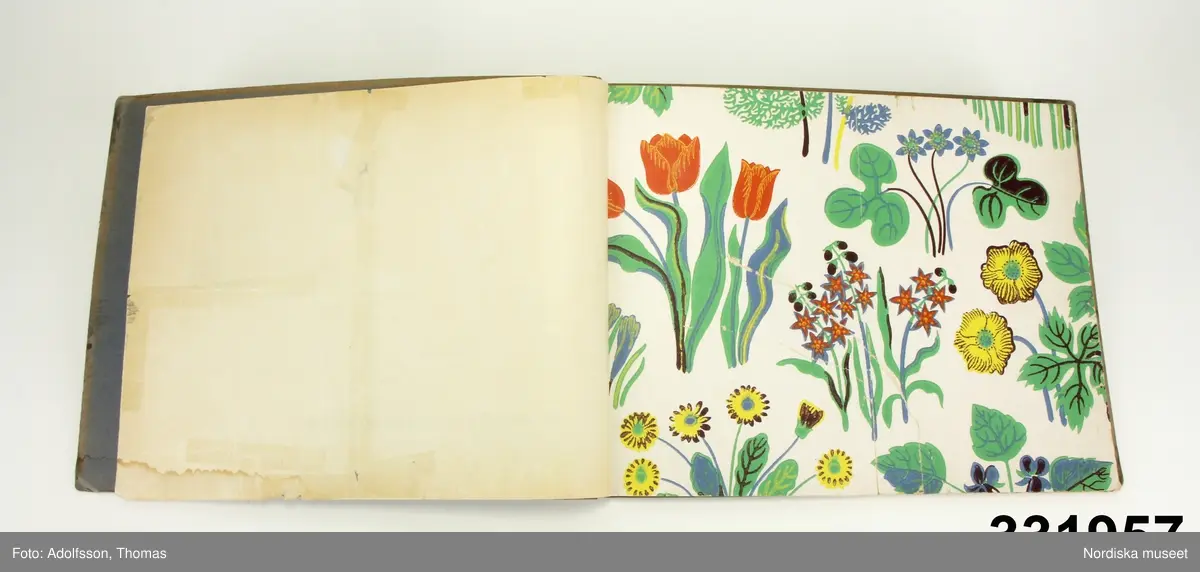 Tapetprovbok med pärm av svart papp. På pärmens utsida vit text: "Frank dekor". På försättsbladet information om formgivaren Josef Frank och hans tapetkollektion, text bland annat: "Det är nu över 10 år sedan vi lanserade FRANK-tapeterna, och de var då något av en sensation i både mönster- och färghänseende. [---]. På många kunders begäran har vi tryckt upp ännu en upplaga av de populäraste sorterna---".

Provboken innehåller prover på papperstapeter i kraftfulla blomstermönster, de flesta i klara färger mot vit botten. Mönster i boken: Vårklockor (i 4 olika färgställningar), Sagoträdet (2 färgställningar), Anemone (2), Söndagsmorgon (2), Eldblomman (3), Fjärran Östern (2), Paradiset (2) och I skogen (1). 

Alla tapeter är tryckta på något goffrerat papper och plastbehandlade. 

Anm.
Revor på ett par av sidorna som lagats med tejp. Liten vattenskada i nedre vänstra hörnet på försättsbladet.
/Maria Maxén 2013-10-08