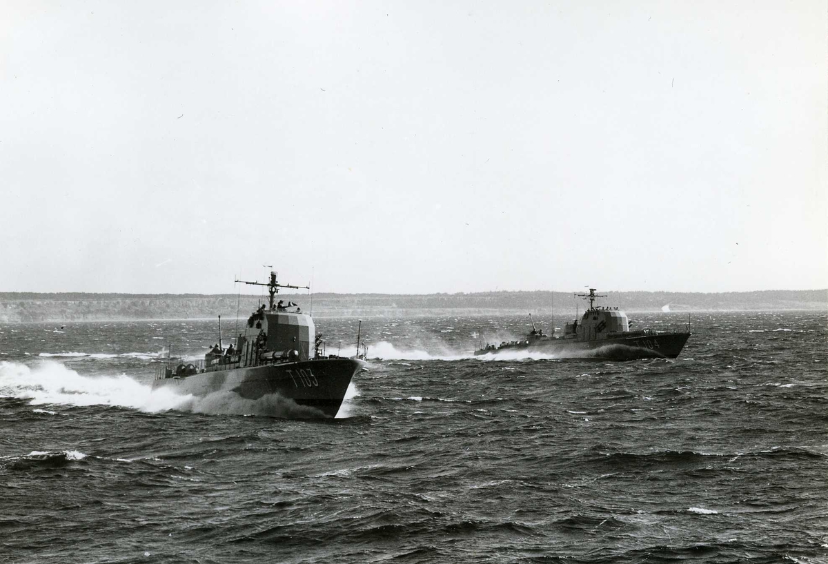 Motortorpedbåtarna Polaris (T 103) och Pollux (T 104) i rum sjö  Operation Gute 1955.