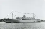 Foto från 1957 visande turist-&
passagerarmotorfartyg BERGENSFORD av Bergen, för ankar i Stockholms ström.