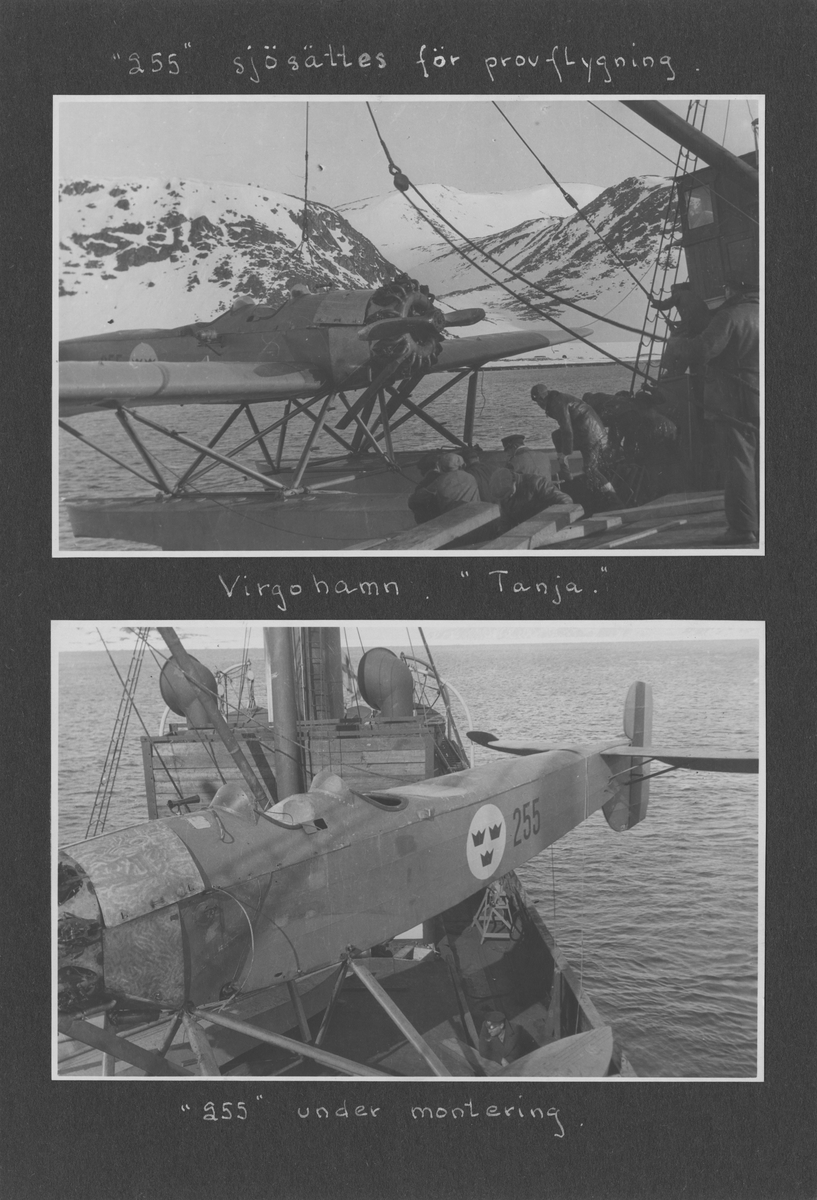 Svenska Spetsbergsexpeditionen 1928, band 2.    Band 2 av 5 dokumentationsalbum från svenska Spetsbergsexpeditionen år 1928, där Umberto Nobile och besättningen på luftskeppet Italia räddades.  49 fotografier monterade på 27 albumblad.    Motiv: Räddningsexpedition av Umberto Nobile, lägret vid det kraschade Italia-fartyget; Einar Lundborgs strandad på isen, tillbaka i lägret efter räddning.  Personer, flygplan, natur, omgivningar, mm.