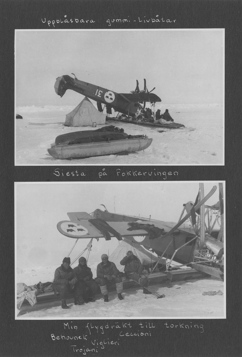 Svenska Spetsbergsexpeditionen 1928, band 2.    Band 2 av 5 dokumentationsalbum från svenska Spetsbergsexpeditionen år 1928, där Umberto Nobile och besättningen på luftskeppet Italia räddades.  49 fotografier monterade på 27 albumblad.    Motiv: Räddningsexpedition av Umberto Nobile, lägret vid det kraschade Italia-fartyget; Einar Lundborgs strandad på isen, tillbaka i lägret efter räddning.  Personer, flygplan, natur, omgivningar, mm.