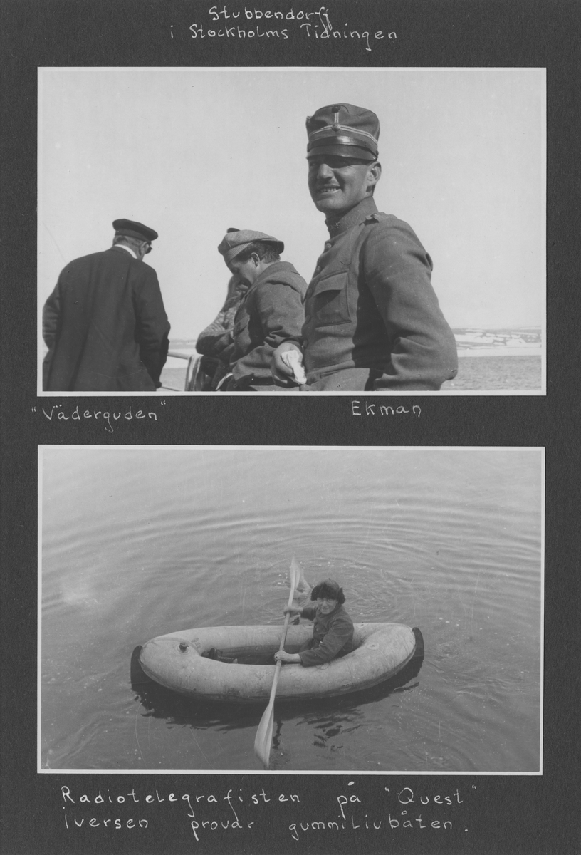Svenska Spetsbergsexpeditionen 1928, band 3.    Band 3 av 5 dokumentationsalbum från svenska Spetsbergsexpeditionen år 1928, där Umberto Nobile och besättningen på luftskeppet Italia räddades.  48 fotografier monterade på 26 albumblad.    Motiv: I lägret i Kings Bay, hemresa via Narvik.  Personer, fartyg, natur, omgivningar, mm.
