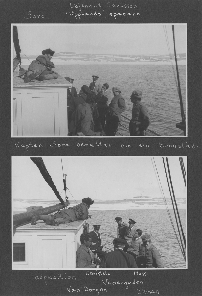 Svenska Spetsbergsexpeditionen 1928, band 3.    Band 3 av 5 dokumentationsalbum från svenska Spetsbergsexpeditionen år 1928, där Umberto Nobile och besättningen på luftskeppet Italia räddades.  48 fotografier monterade på 26 albumblad.    Motiv: I lägret i Kings Bay, hemresa via Narvik.  Personer, fartyg, natur, omgivningar, mm.