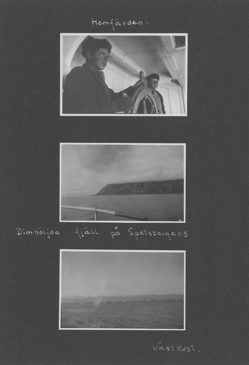Svenska Spetsbergsexpeditionen 1928, band 3.    Band 3 av 5 dokumentationsalbum från svenska Spetsbergsexpeditionen år 1928, där Umberto Nobile och besättningen på luftskeppet Italia räddades.  48 fotografier monterade på 26 albumblad.    Motiv: I lägret i Kings Bay, hemresa via Narvik.  Personer, fartyg, natur, omgivningar, mm.