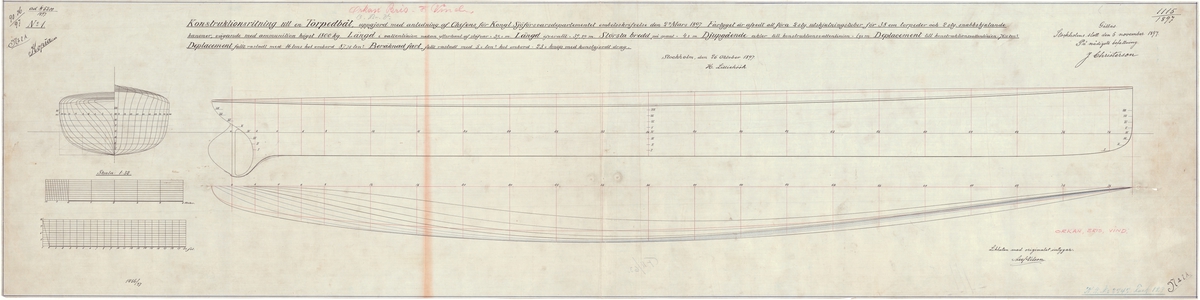 Konstruktionsritning till torpedbåt avsedd att föra 2 st utskjutningstuber för 38 cm torpeder och 2 st snabbskjutande kanoner med ammunition högst 1800 kg