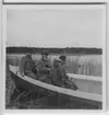 'Biologiska föreningens utfärd till Tåkern, Vadstena m.fl. platser: ::  :: 4 män i en eka i vassvegetation. Vy med sjön i bakgrunden. ::  :: Se fotonr. 3588-3634 samt 3661-3677.'