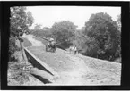 'Diverse fotografier från bl.a. dåvarande Nordrhodesia, nu Zambia, tagna av Konsul Magnus Leijer. ::  :: Vy över en tegelbro, på grusvägen står 1 st man med en åsna, samt åker 1 st man och 1 st kvinna i en vagn dragen av en häst.'