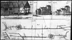 'Repro av teckning föreställande illustrationer från Linnés Skånska resa. :: Bildtext: ''Skåneresan. Fig 1) Stomme till korsvirkeshus. Fig. 2 och 3) Modeller till skånska kyrkor. Fig 4) Plogen och Fig. 5) ::  :: Ingår i serie med fotonr. 5324:1-45 med repro från böcker eller publikationer. Dessa tillhör bilder som Leonard Axel Jägerskiöld använt i sina föreläsningar.'