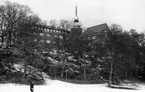 'Tillbyggnaden av Göteborgs Naturhistoriska Museum mars-april 1979. Foto nerifrån Slottskogen och upp mot Göteborgs Naturhistoriska Museums västra sida med tornbyggnaden. Gående person, snö. ::  :: Ingår i serie med fotonr. 5527:69-216.'