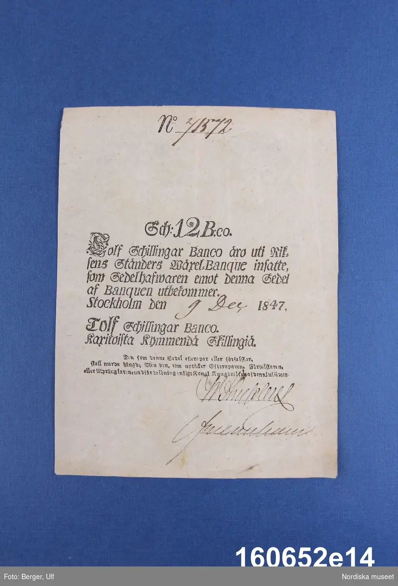 Riksens Ständers bank, 12 schillingar banco. Daterad Stockholm 9 dec 1847, nr 41572.