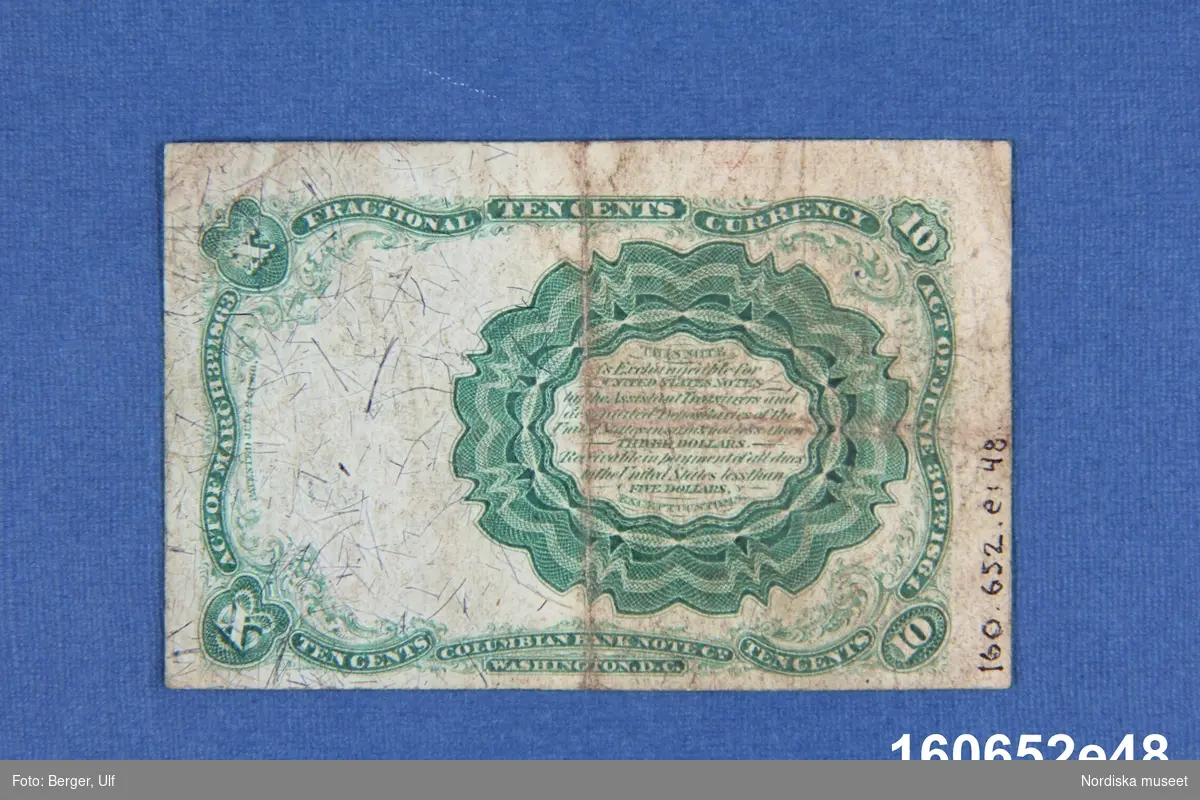 Sedel från USA. Columbian Bank Note Co Washington D.C.,"Series of 1874", 10 cents fractional currency.
