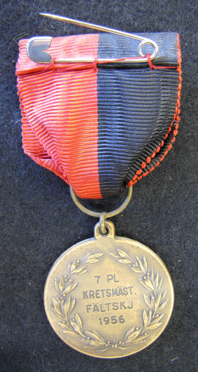 Medalj med sidenband. Medalj från Västgöta-Dals pistolskyttekrets tilldelad Karl-Fredrik Nyström. 7 Pluton Kretsmästare Fältskjutning 1956.

På åtsidan finns två korslagda pistoler. Bakom dem finns en lagerkrans. Ovanför två sköldar, en med Västergötlands vapen och den andra en med Dalslands vapen. Runt kanten står Västgöta-Dals pistolskyttekrets.

Medaljen ingår i en samling märken och medaljer sittande på en tavla med märken, framförallt skyttemärken.

Karl-Fredrik Nyström var aktiv fritidsskytt och var en av de drivande för att starta Vänersborgs skytteklubb.