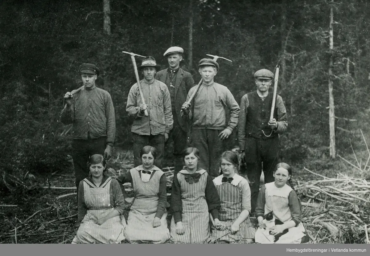 Skogsplantering
Bakre raden från vänster: Johan Svenson, Edvin Norrlin, ?, Josef Norrlin, Alfred Svensson
Främre raden från vänster: Lilly Petersson, Berta Lindgren, ?, Elin och Vivi Norrlin