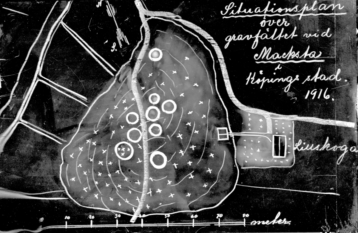 Plan över gravfält vid Macksta 1916. Fotograf okänd.